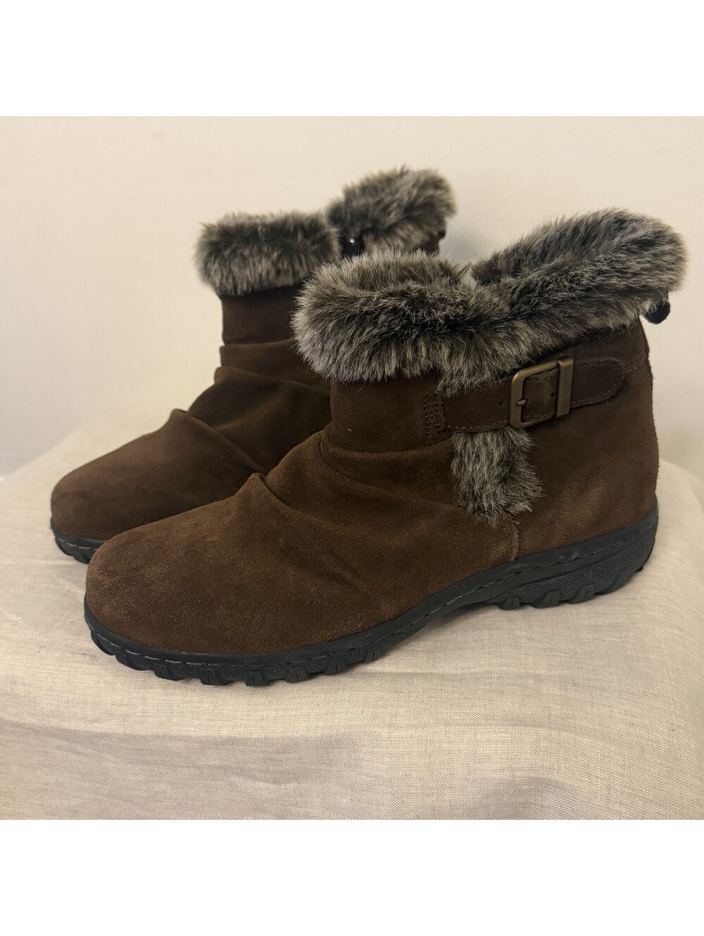 Khombu Lindsey Brown Suede Leather Winter Ankle Boots Womens 9 Faux Fur Casual